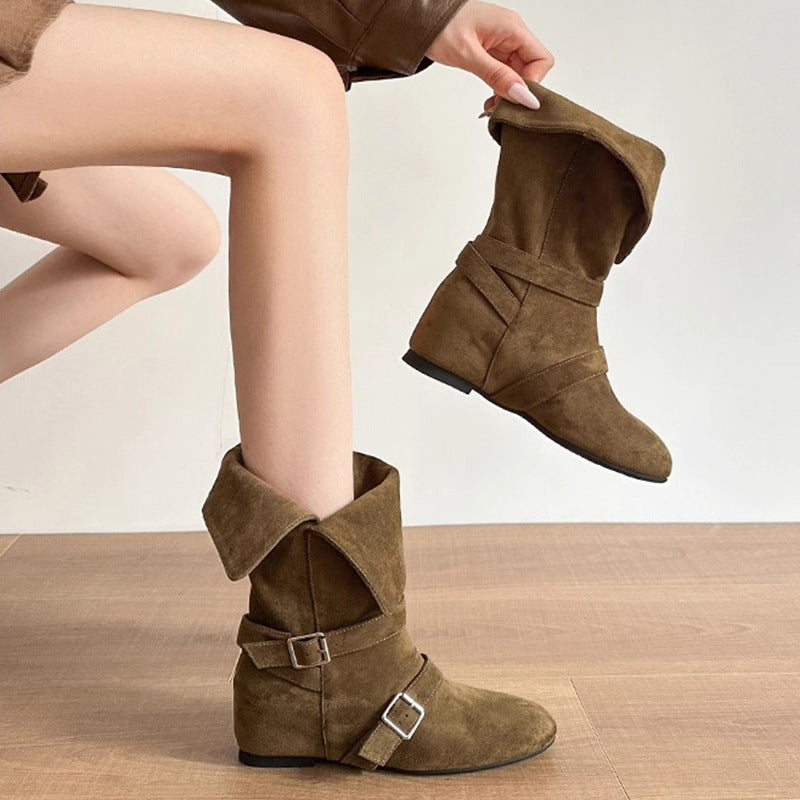 Damen Modische Ankle Boots mit ausgefallenem Klappdesign und dekorativen Schnallen EB