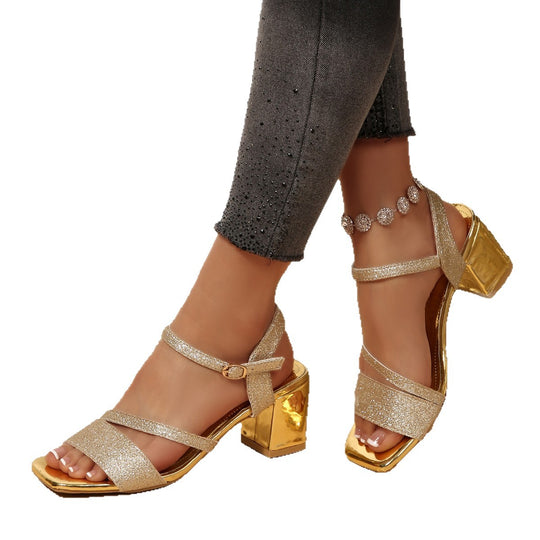 Damen Glitzernde Blockabsatz-Sandalen mit eleganten Riemen EB