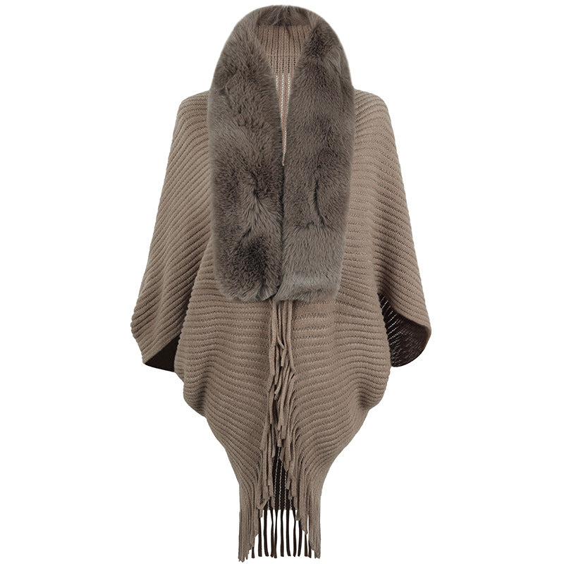 Damen luxuriöser Strickponcho mit elegantem Kunstfellkragen und Fransen EB