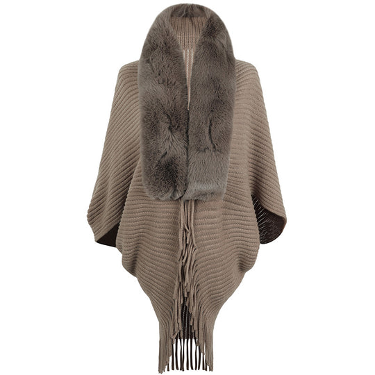 Damen luxuriöser Strickponcho mit elegantem Kunstfellkragen und Fransen EB