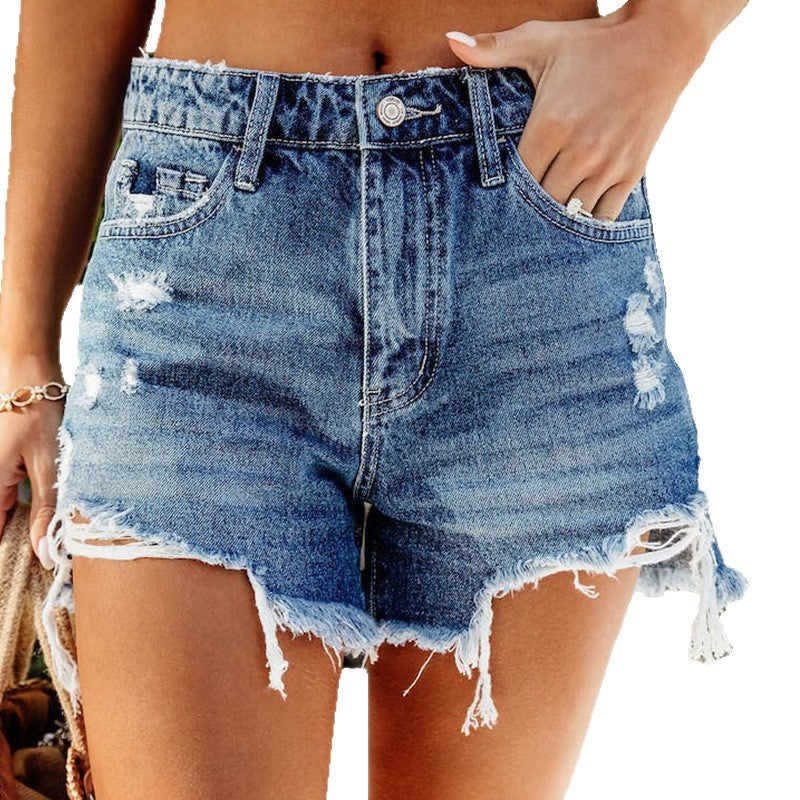 Damen Hochtaillierte Destroyed Denim-Shorts mit fransigen Säumen EB