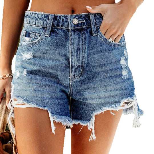 Damen Hochtaillierte Destroyed Denim-Shorts mit fransigen Säumen EB