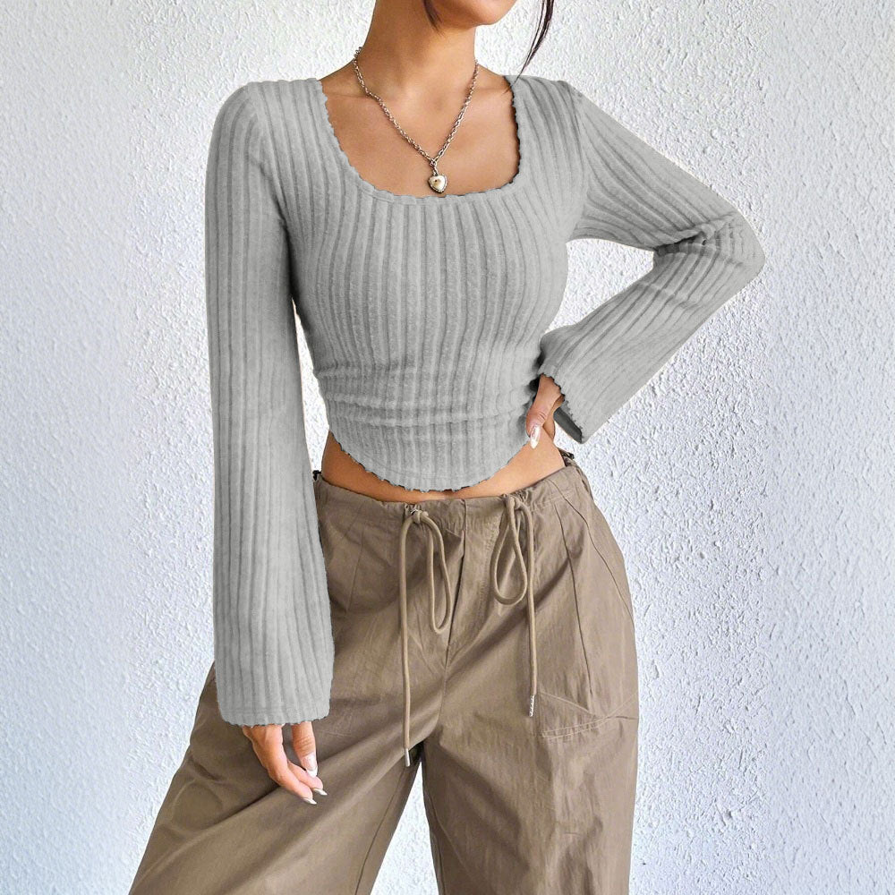 Damen geripptes Crop-Top mit quadratischem Ausschnitt, gewelltem Saum und ausgestellten Ärmeln Eichborn Berlin