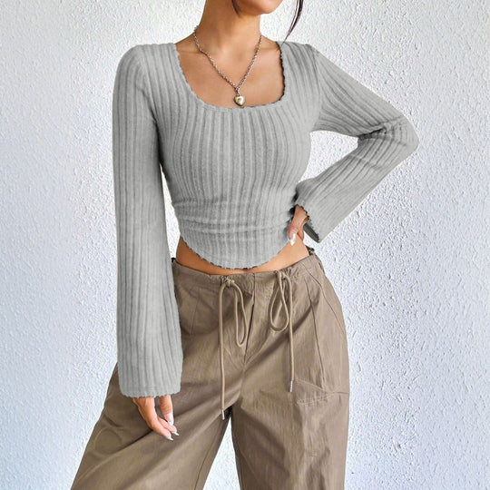 Damen geripptes Crop-Top mit quadratischem Ausschnitt, gewelltem Saum und ausgestellten Ärmeln Eichborn Berlin