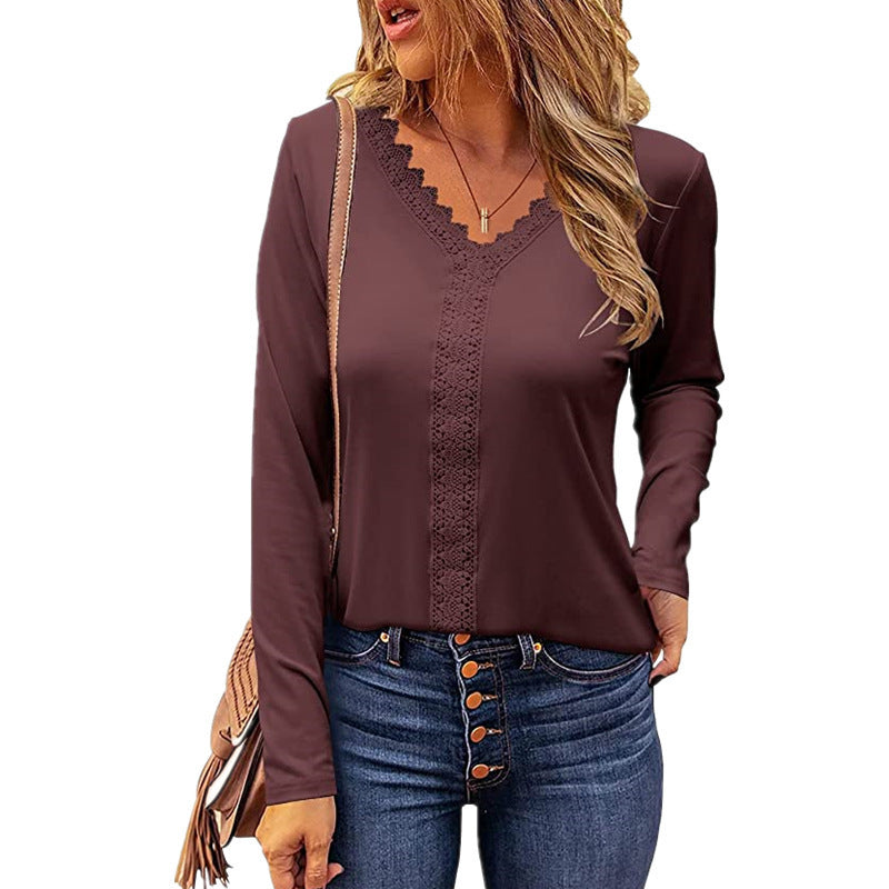 Damen elegantes V-Ausschnitt Longsleeve-Shirt mit Spitzenbesatz EB