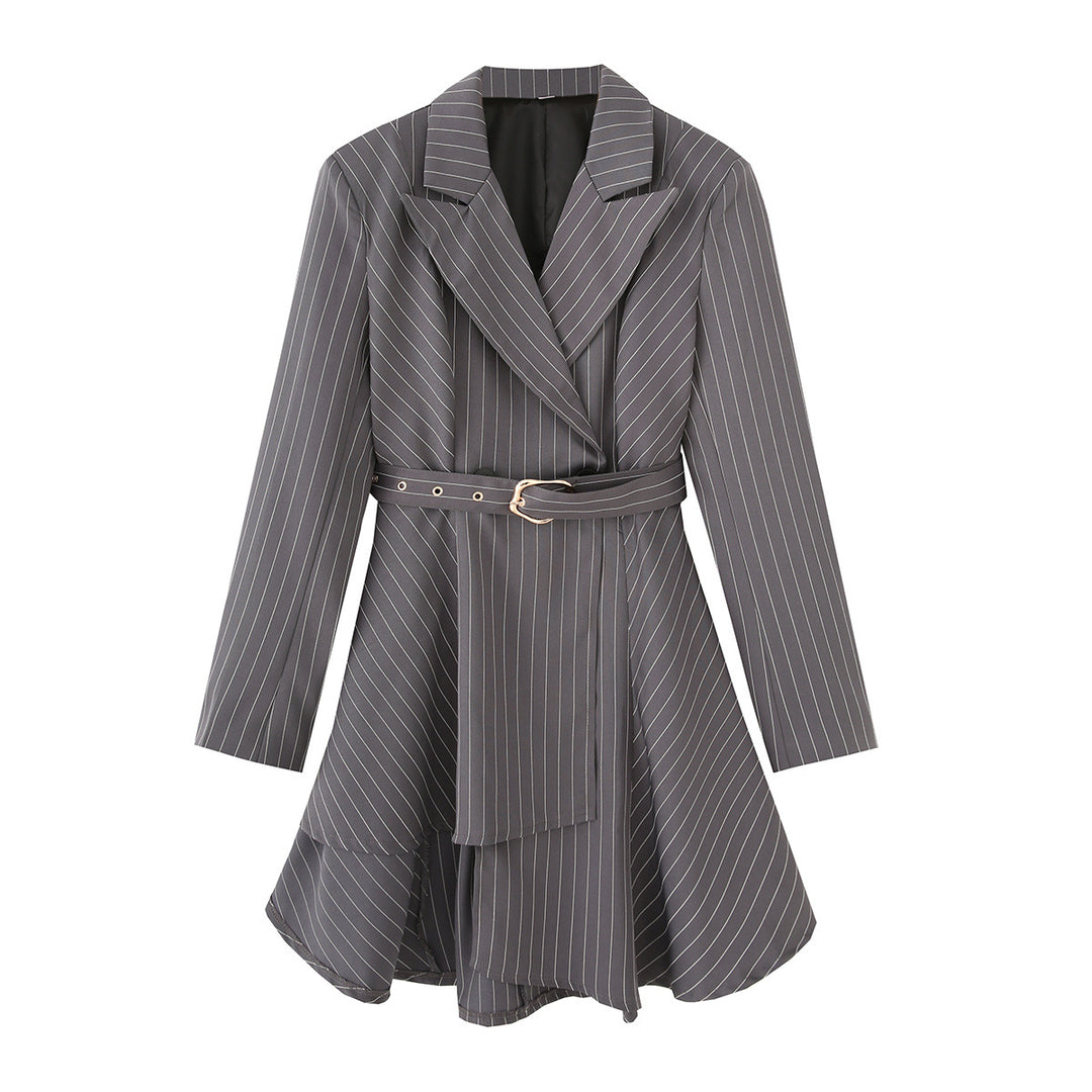 Damen gestreifte Blazerjacke mit definiertem Taillenschnitt und elegantem Gürtel EB