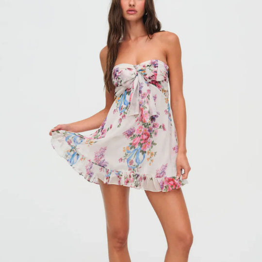 Damen nan trägerloses Chiffon-Sommerkleid mit Blumenmuster Bandeau-Oberteil und Volantbesatz EB