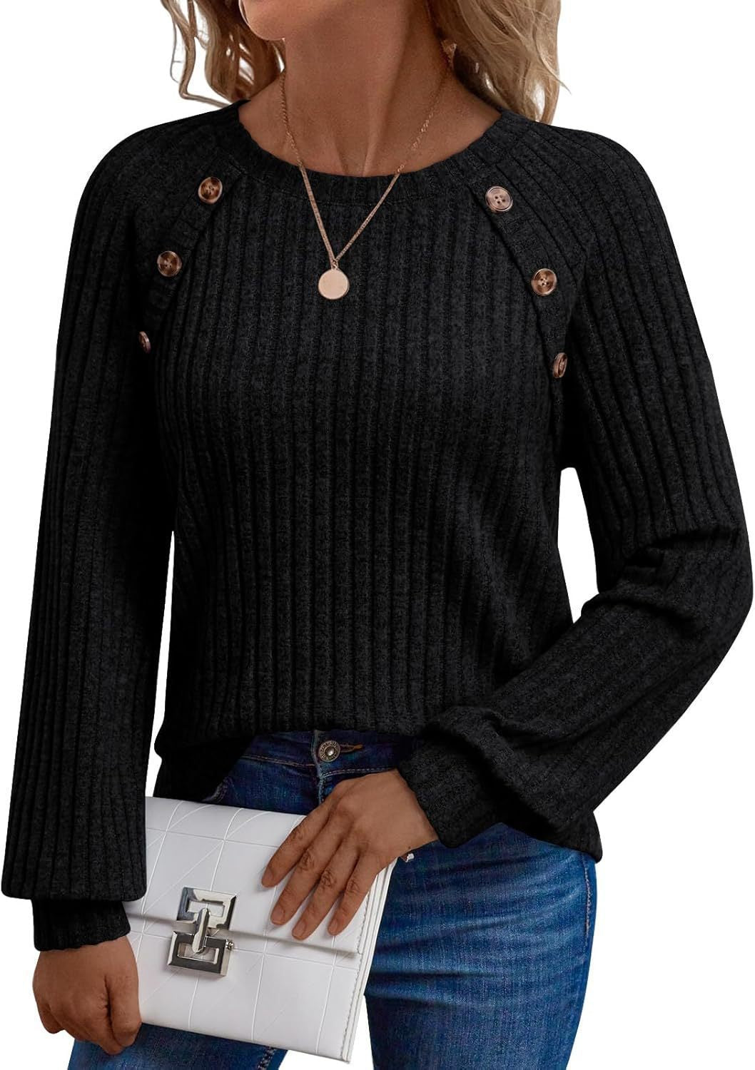 Damen Pullover mit dekorativen Knöpfen und strukturiertem Rippdesign EB