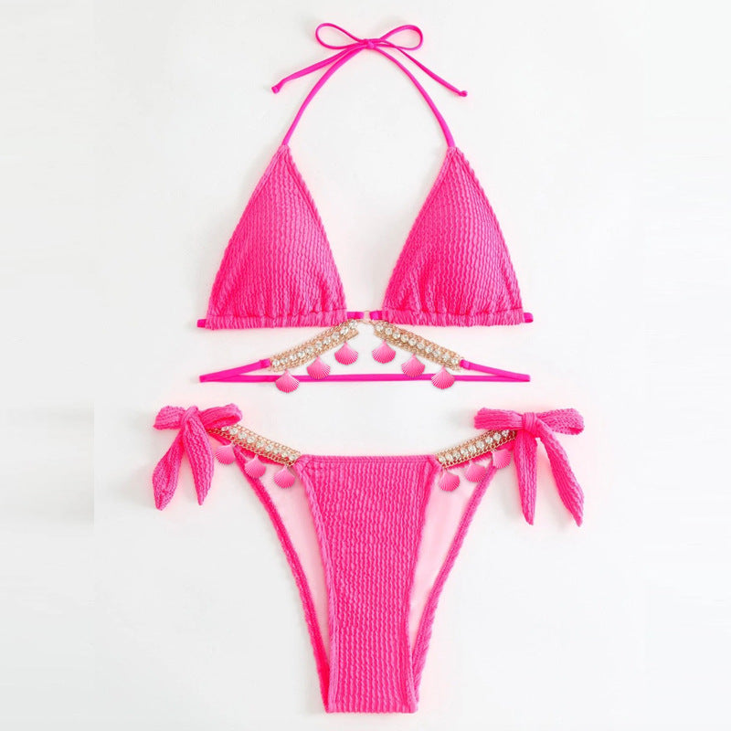 Damen Triangel-Bikini mit verspielten Quasten und glänzenden Details EB