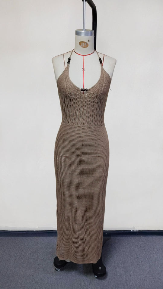Damen gehäkeltes Strandkleid mit tiefem V-Ausschnitt und herausragenden Details EB
