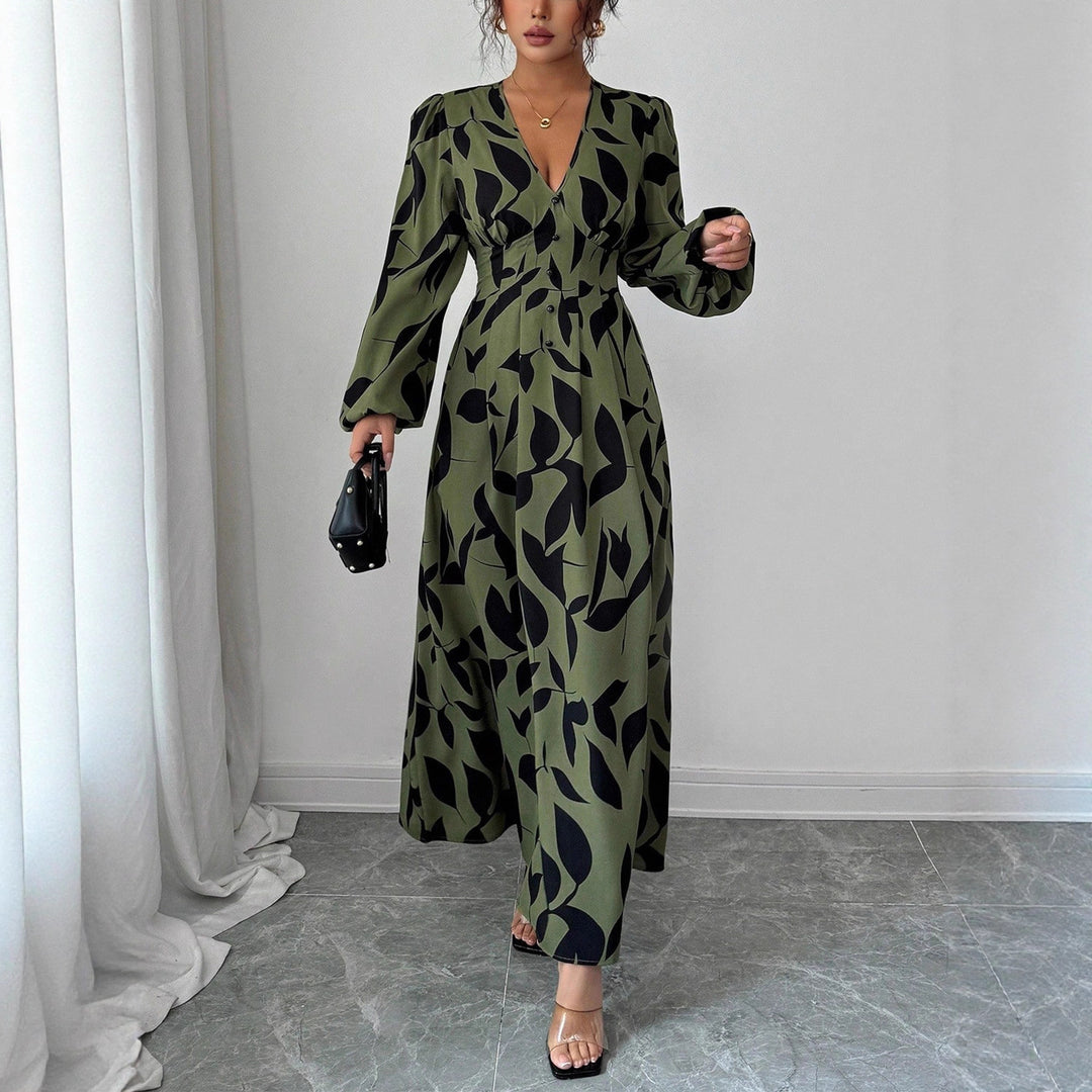 Damen Maxikleid mit taillierter Knopfleiste, V‑Ausschnitt und Ballonärmeln EB