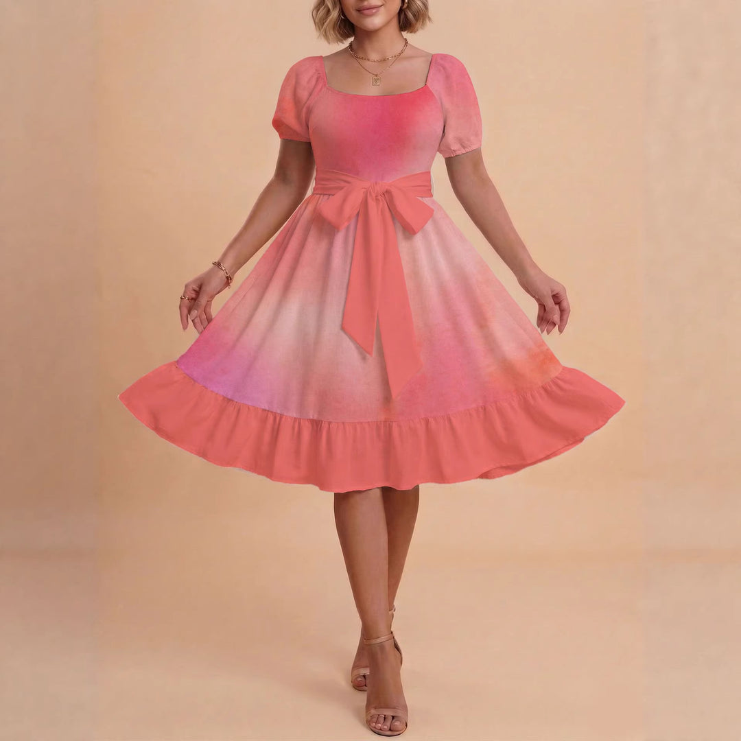 Damen Retro Maxikleid mit Puffärmeln und Taillengürtel EB