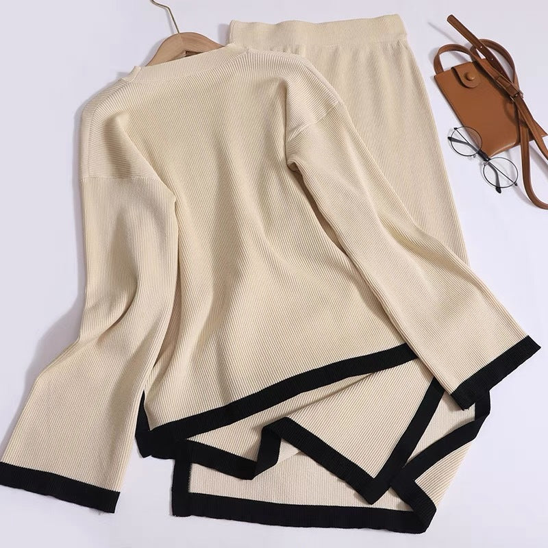 Damen modisches Strick-Loungewear-Set mit dekorativem Kontrastsaum EB