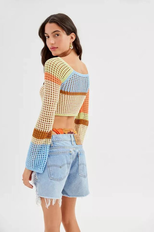 Damen gehäkeltes Crop-Top mit weiten Ärmeln und bunten Streifen EB