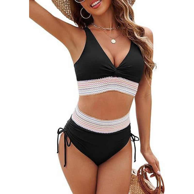 Damen Bikinioberteil mit hoher Taille und dekorativem Strickmuster EB