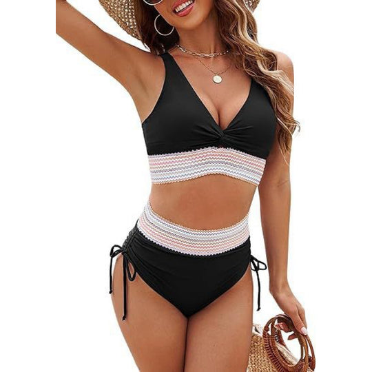 Damen Bikinioberteil mit hoher Taille und dekorativem Strickmuster EB