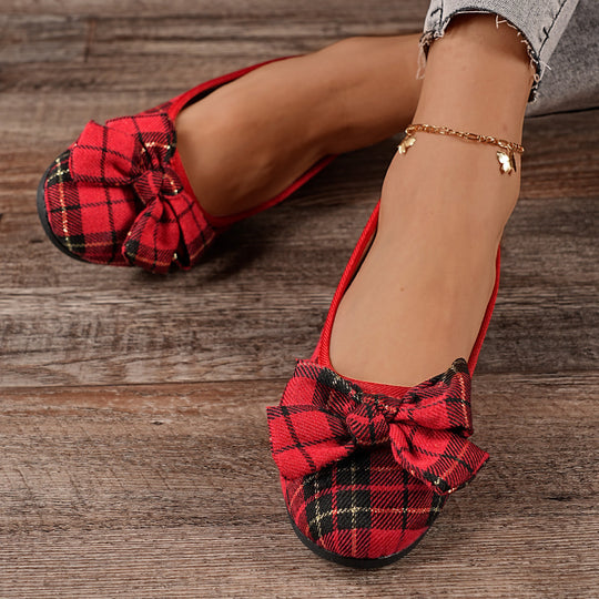 Damen  karierter Ballerina Slipper mit dekorativer Schleife und gepolstertem Komfortfußbett EB