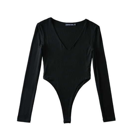 Damen figurbetontes Langarmbodysuit mit tiefem V-Ausschnitt EB