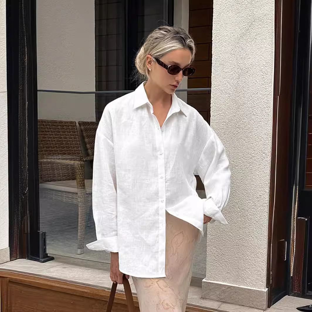 Damen Leinenhemd mit lässigem Schnitt und oversized Ärmeln EB