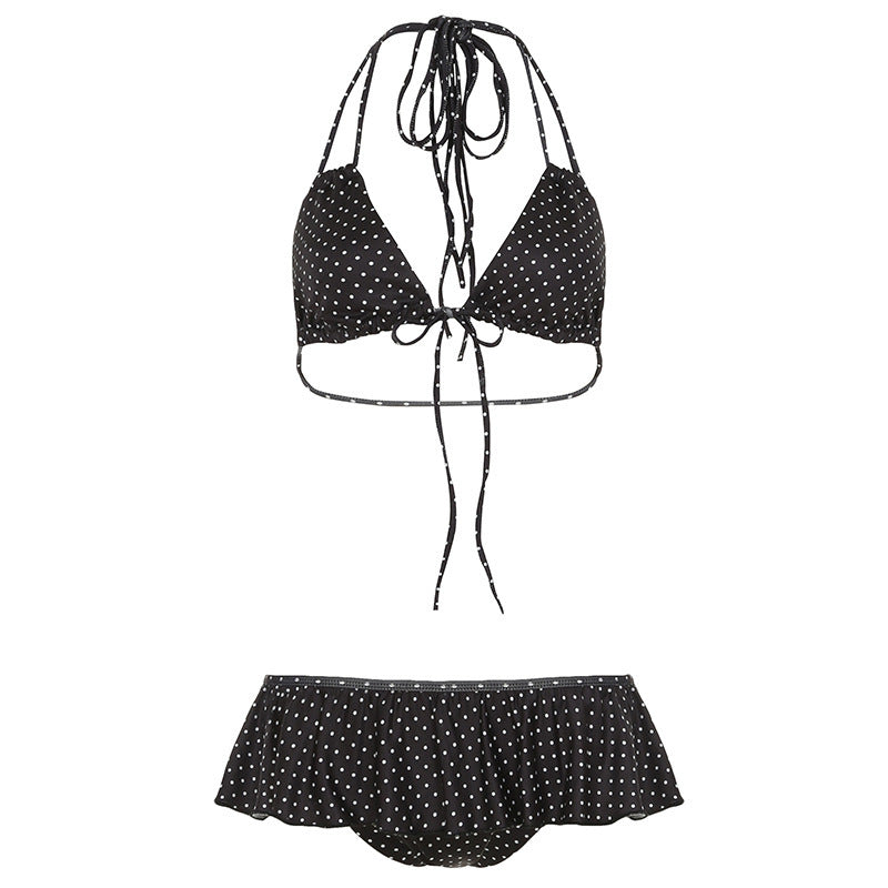 Damen Bikini Set mit rüschenartigem Höschen und verspieltem Punkte-Muster EB