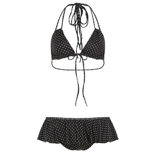 Damen Bikini Set mit rüschenartigem Höschen und verspieltem Punkte-Muster EB