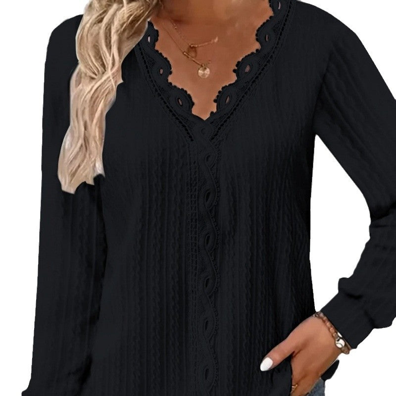 Damen Langarm Bluse mit eleganten Spitzenakzenten und strukturiertem Design EB