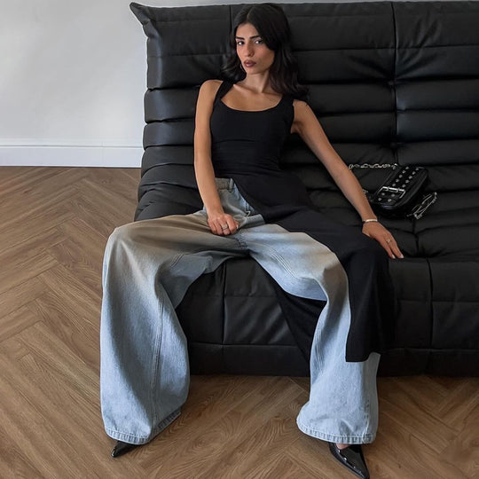 Damen Maxikleid mit asymmetrischem Schnitt und fließendem Stoff EB