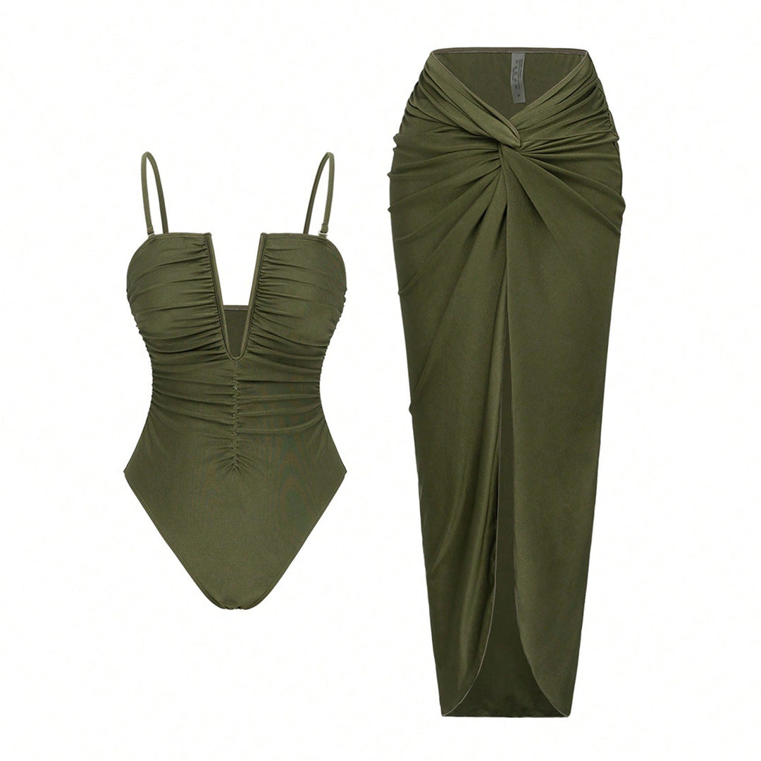 Damen One-Piece Badeanzug mit elegantem Wickelrock EB