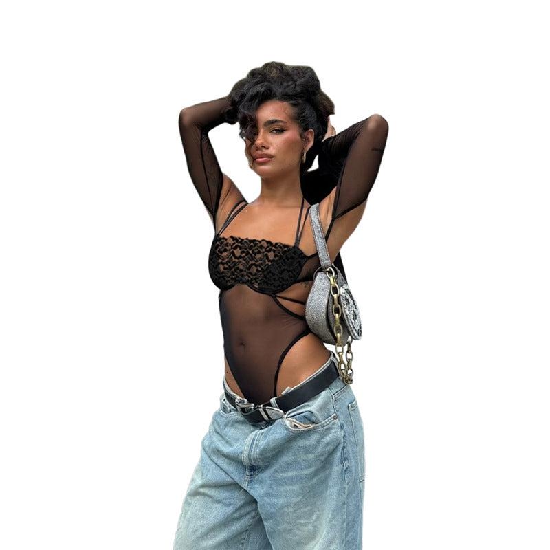 Damen Einteiler Bodysuit mit eleganter Spitzendekoration und transparenter Optik EB