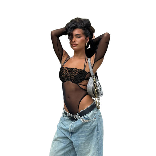 Damen Einteiler Bodysuit mit eleganter Spitzendekoration und transparenter Optik EB