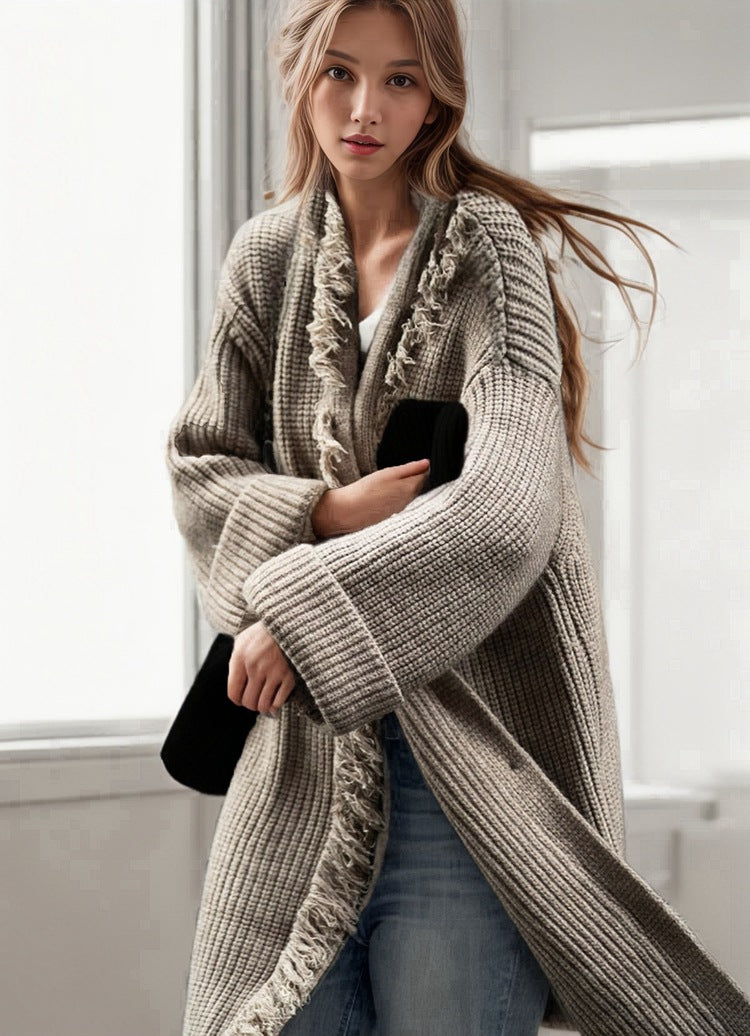 Damen Grober Strickcardigan mit fransigen Details und offenem Schnitt EB