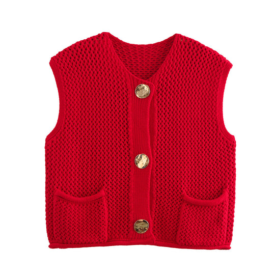 Damen Strickweste mit Taschen und dekorativen Knopfdetails EB
