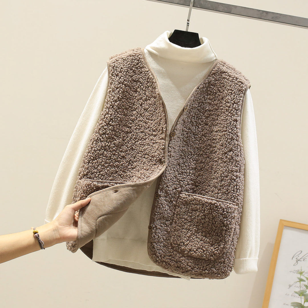 Damen Ärmellose Teddyweste mit Knopfleiste und aufgesetzten Taschen EB