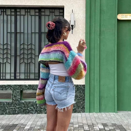 Damen Strickpullover im bunten Design mit weiten Ärmeln EB