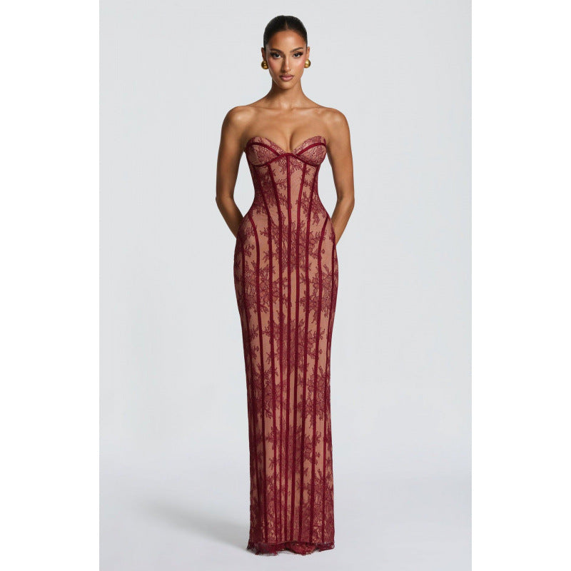 Damen Elegantes Abendkleid mit raffinierten Spitzenakzenten und corsagenähnlichem Oberteil EB