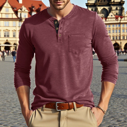 Herren Langarm-Henley-Shirt mit modischem Knopfdesign und praktischer Brusttasche EB