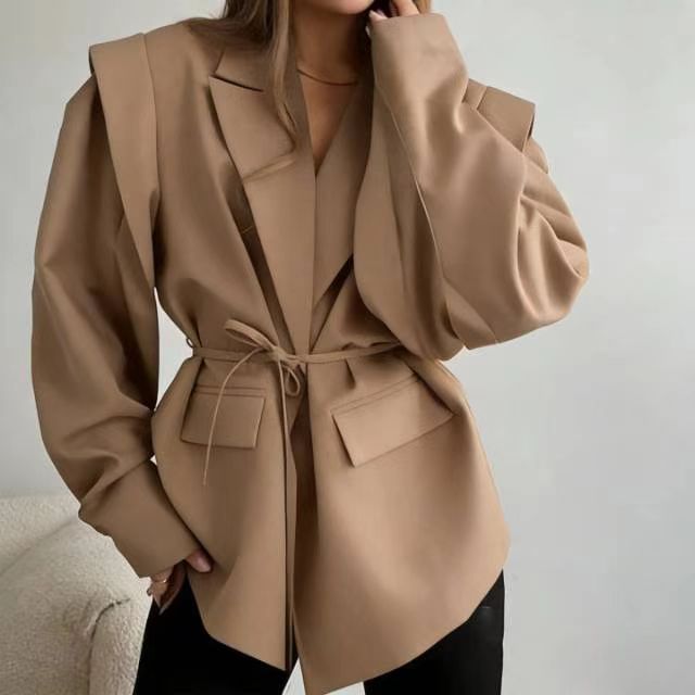 Damen nan taillierter Blumenblazer mit Bindegürtel und Reverskragen EB
