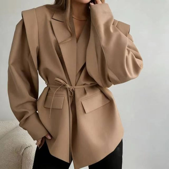 Damen nan taillierter Blumenblazer mit Bindegürtel und Reverskragen EB