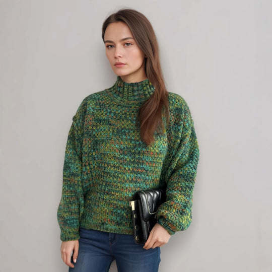 Damen gemütlicher Rollkragenpullover mit modernem Lochstrickdesign EB