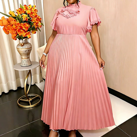 Damen Elegantes Maxi-Kleid mit Plisseefalten und Rüschendetails EB