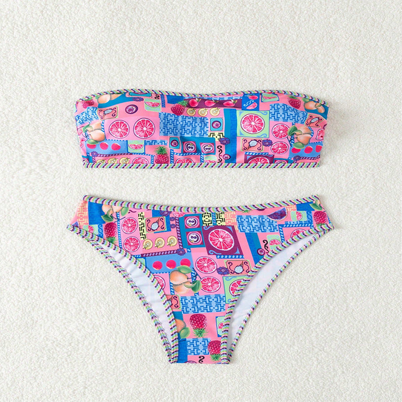 Damen Bandeau-Bikini mit fruchtigem Muster und dekorativen Kontrastnähten EB