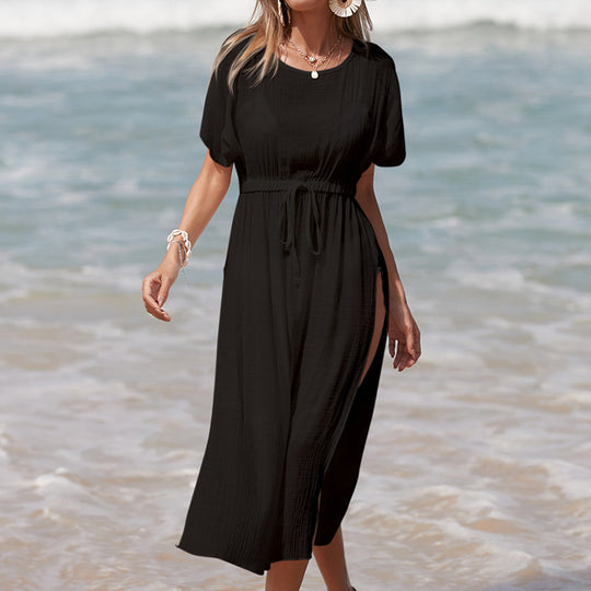 Damen luftiger Strandüberwurf mit seitlichen Schlitzen und elastischem Taillenbund EB