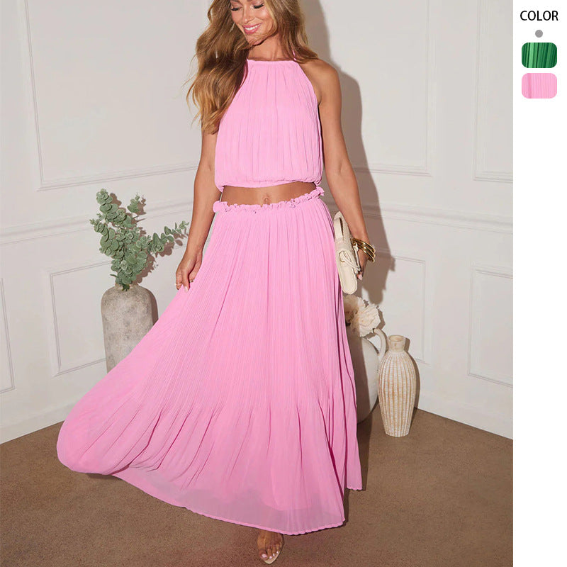 Damen Plissiertes Zweiteiliges Set mit Crop-Top und elegantem Maxiröck EB