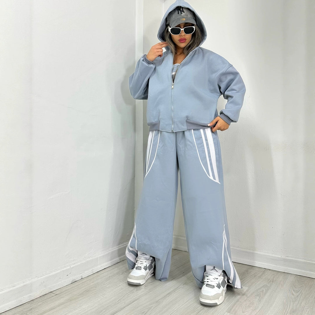 Damen Oversize Kapuzen-Sweatjacke mit Reißverschluss und weitem Trackpant-Set EB