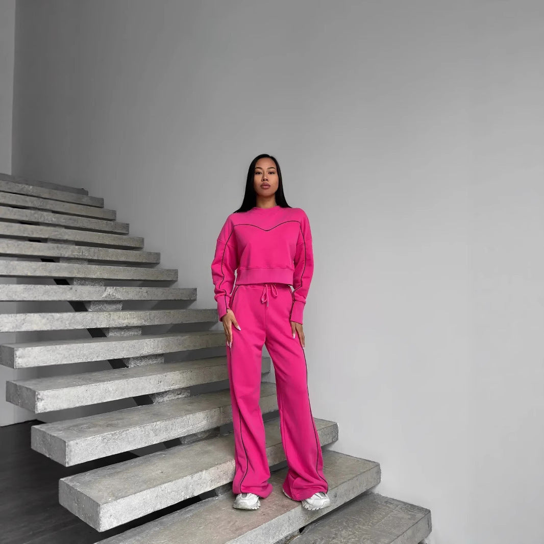 Damen kurzes Oversize-Sweatshirt mit Kordelzug-Jogginghose und Kontrastnähten EB