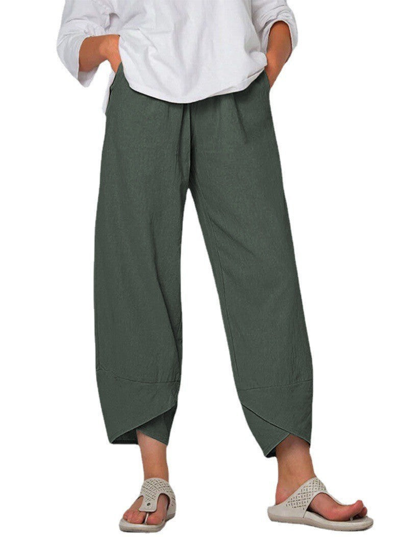 Damen nan lockere Leinenhose mit hohem Bund, Tulpen-Saum und seitlichen Eingrifftaschen EB