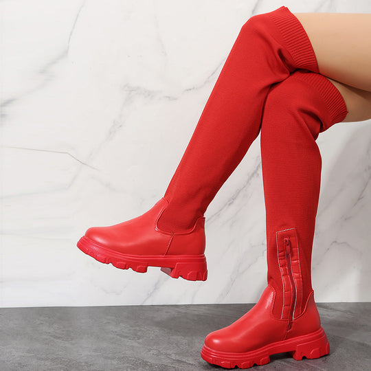 Damen Overkneestiefel mit sportlicher Sohle und modischen Strickakzenten EB