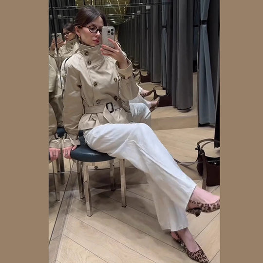 Damen trendige Kurzjacke im modernen Trenchcoat-Stil mit breitem Kragen und Taillengürtel EB