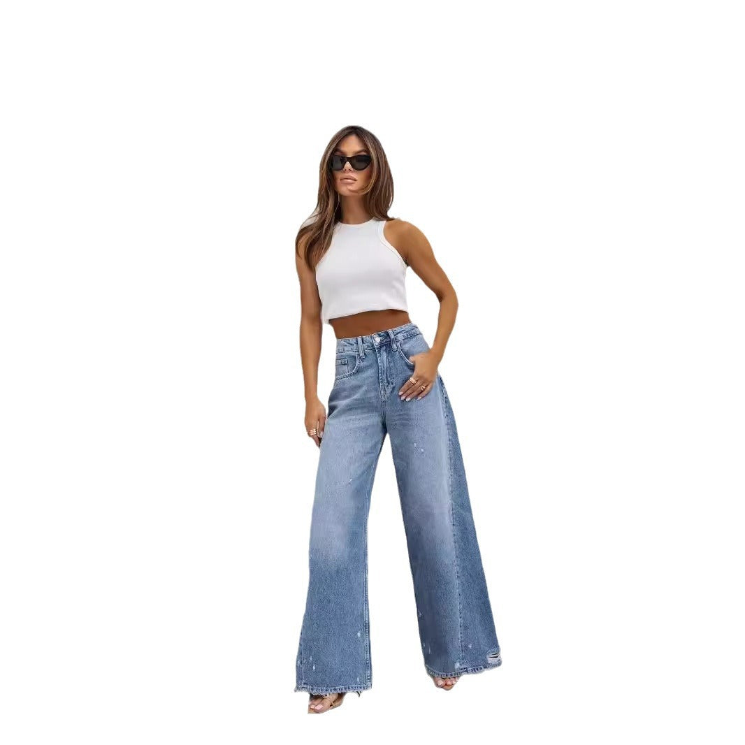 Damen Weit geschnittene Jeanshose mit hohem Bund und lässigem Stil EB