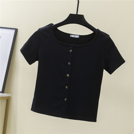 Damen Kurzarmshirt mit dekorativer Knopfleiste und modernem Rippenstrick EB